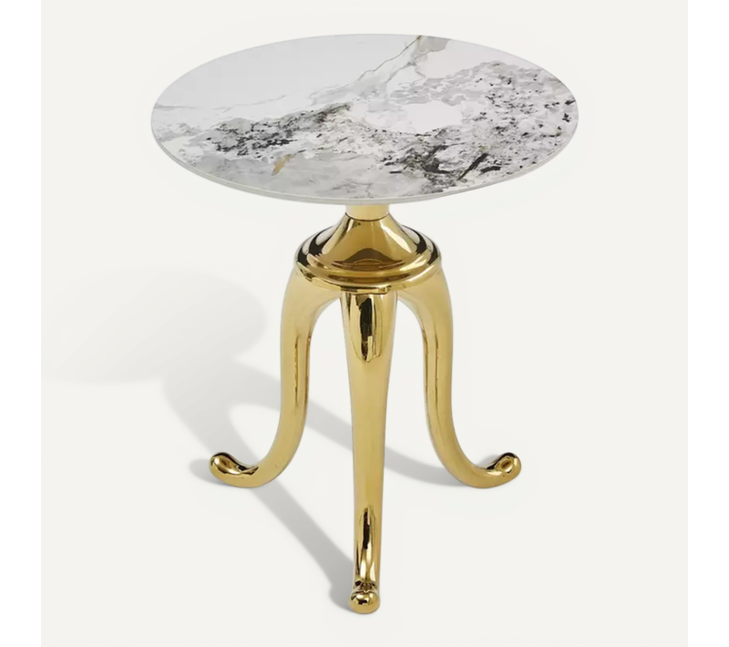 Table D'appoint En Acier Inoxydable Blanc Brillant Effet Marbre Avec Pieds Or Nacre