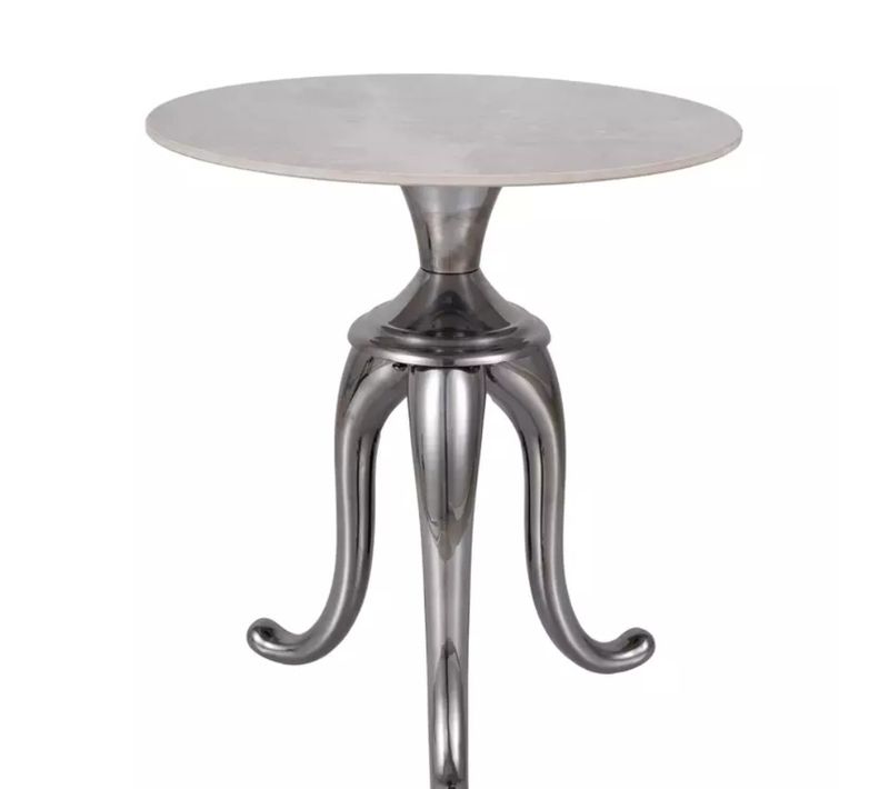 Table D'appoint En Acier Inoxydable Blanc Brillant Effet Marbre Avec Pieds Argent Nacre
