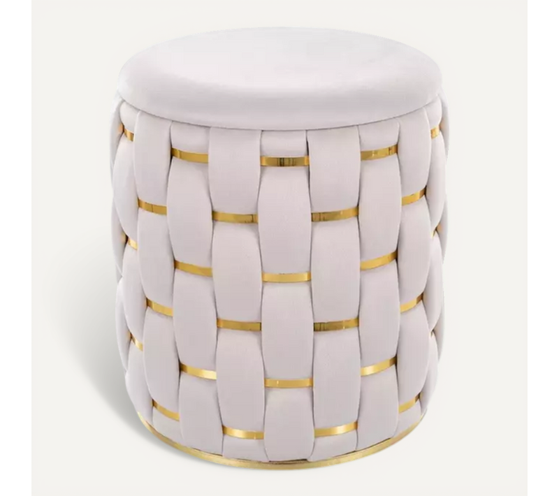 Pouf Rond Tressé Beige En Velours Avec Rangement Discret Et Détails Dorés Toppiz