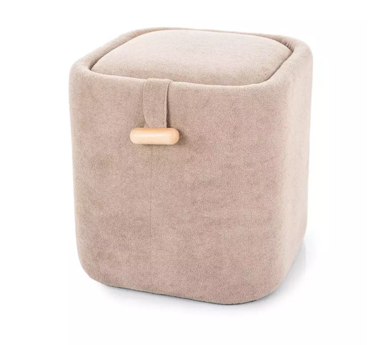 Pouf Beige Avec Rangement Intégré, Tissu Doux Et Poignée Bois Zester
