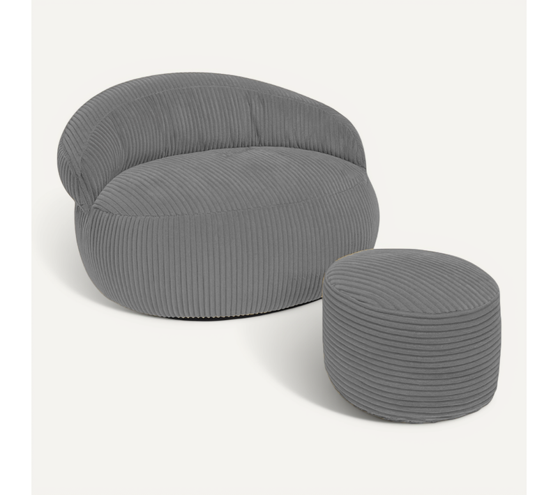 Pouf XXL Déhoussable En Velours Côtelé 110x100 Cm + Repose-pieds Gris Foncé