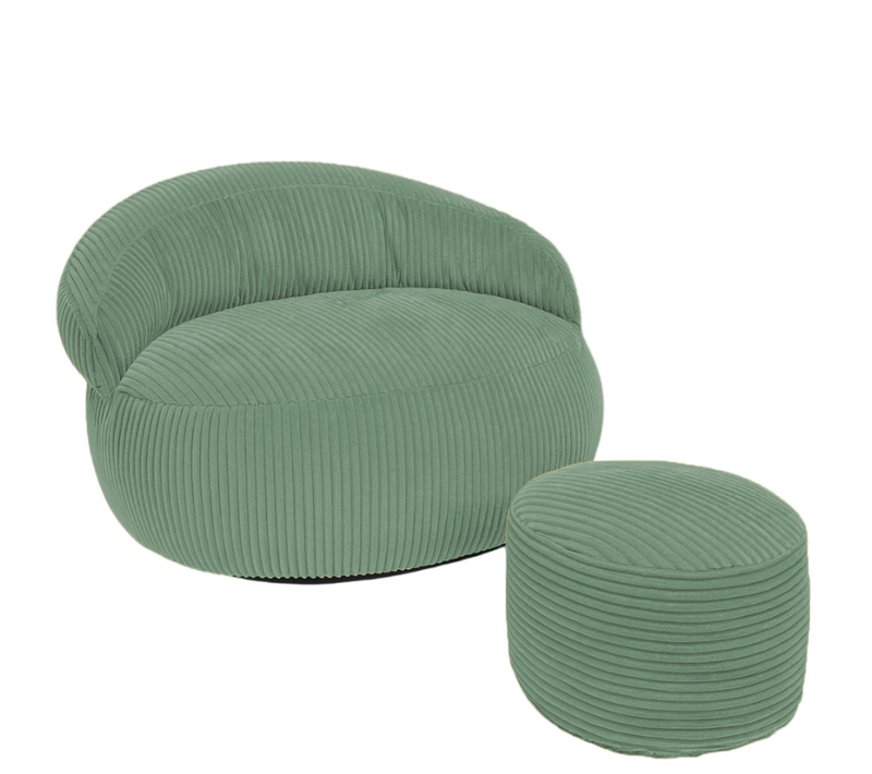 Pouf XXL Déhoussable En Velours Côtelé 110x100 Cm + Repose-pieds Vert