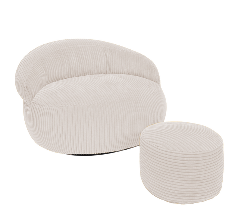 Pouf XXL Déhoussable En Velours Côtelé 110x100 Cm + Repose-pieds Beige