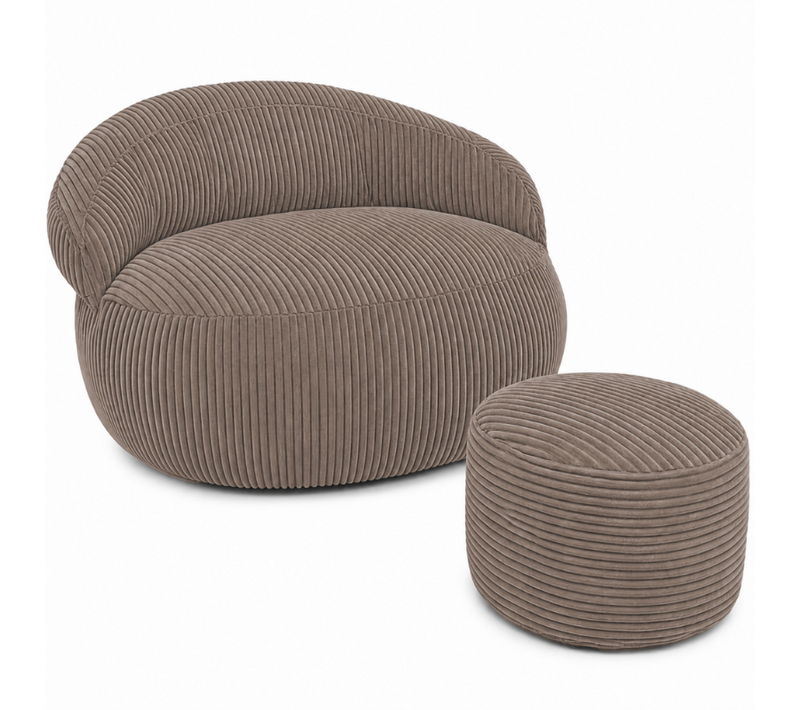 Pouf XXL Déhoussable Velours Côtelé 110x100 Cm + Repose-pieds Marron