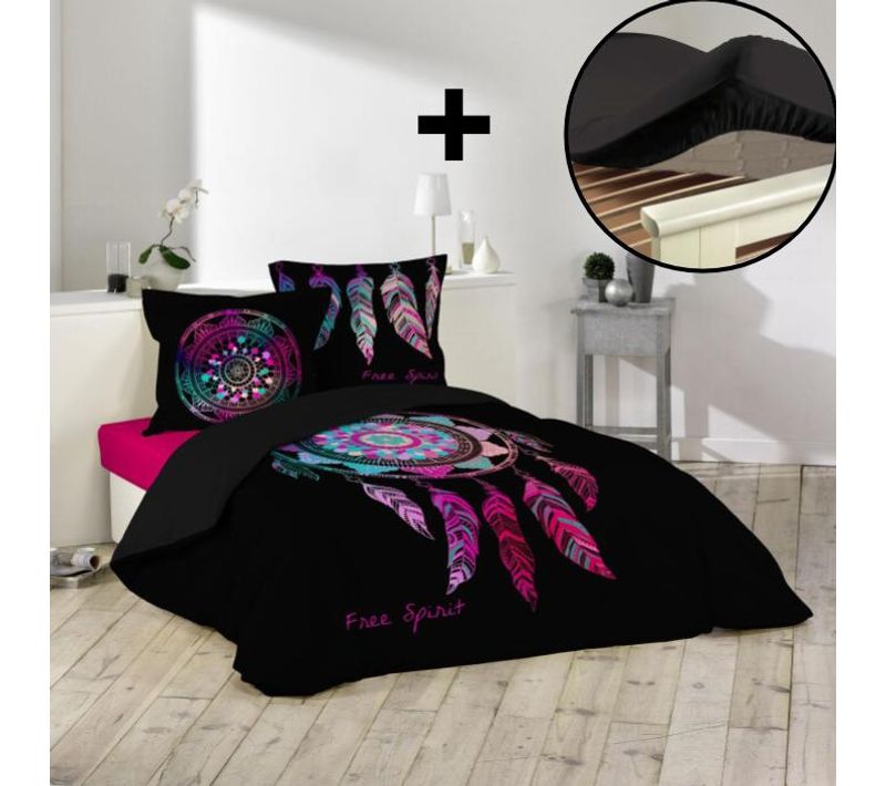 Pack Parure De Couette 220x240 Cm “porte Bonheur” + Drap-housse 140x190 Cm Noir