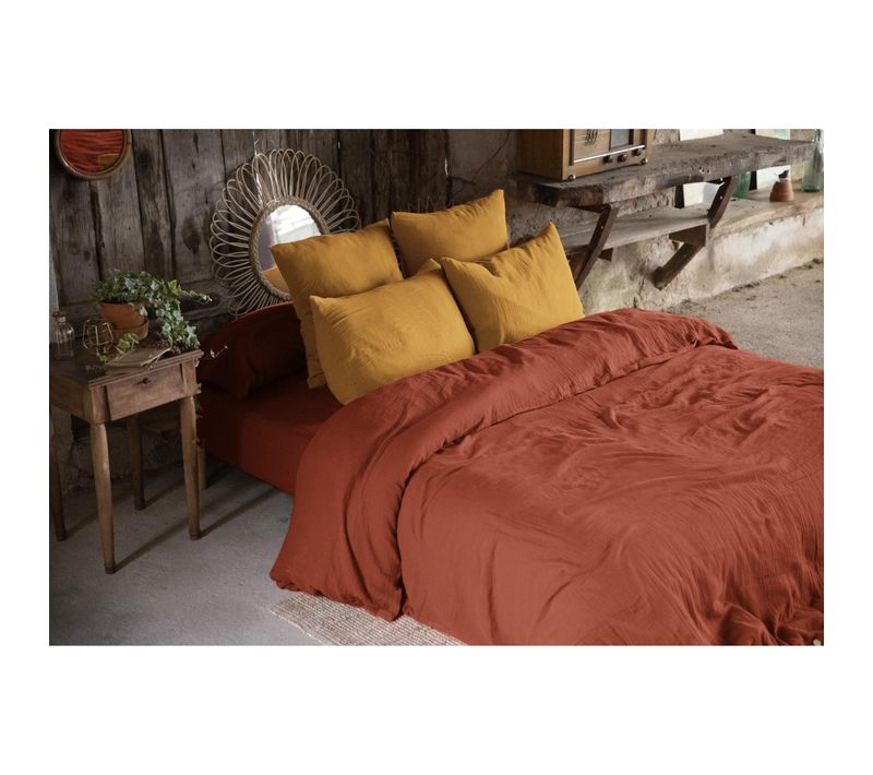 Housse De Couette Double Gaze De Coton 240x220 Cm 2 Taies Terracotta/safran