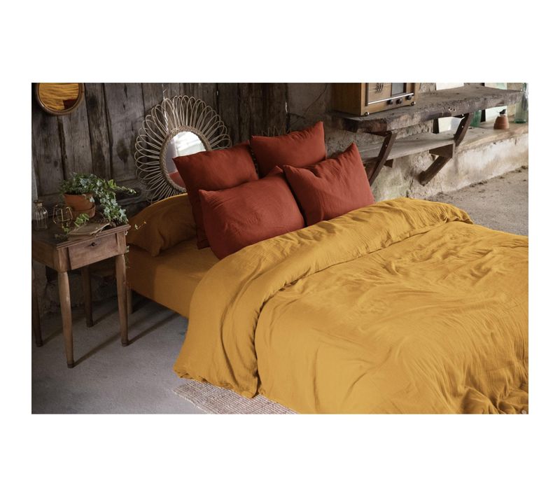 Housse De Couette Double Gaze De Coton Bio 240x220 Cm 2 Taies Saffran/terracotta
