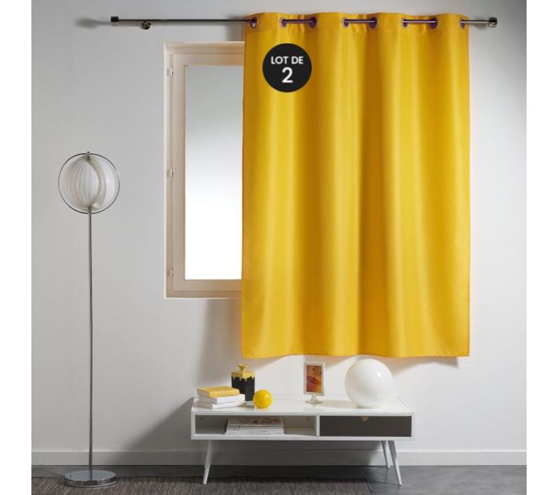 Lot De 2 Rideaux Spécial Petites Fenêtres à Oeillets 140 X 180 Cm – Uni Jaune – Essentiel