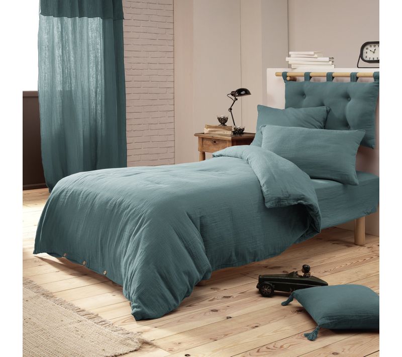 Pack Parure De Couette 140x200 Cm + Drap Housse 90x190 + 1 Taie Gaze De Coton Bio Bleu Canard