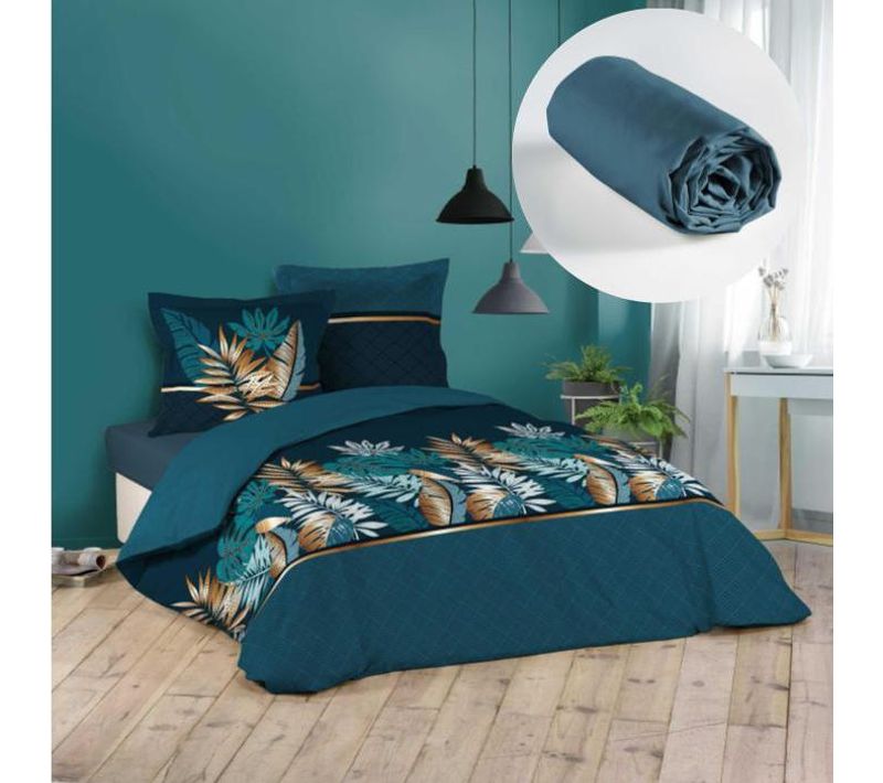 Ensemble Parure De Couette 260x240 Cm Alianor + Drap Housse 160x200 Bleu