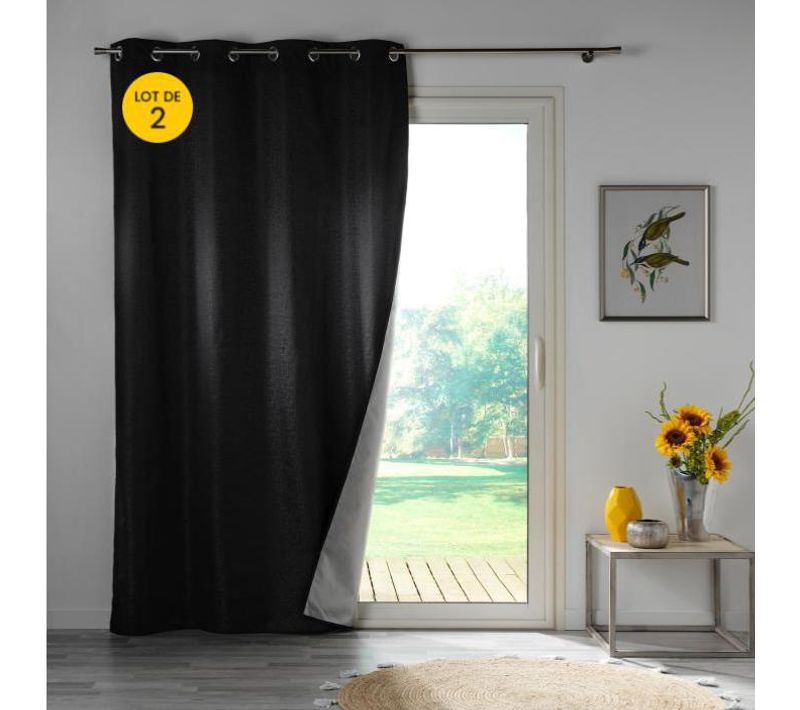 Lot De 2 Rideaux Thermiques 140 X 260 Cm – 100 % Occultants / Jacquard – Darko Noir