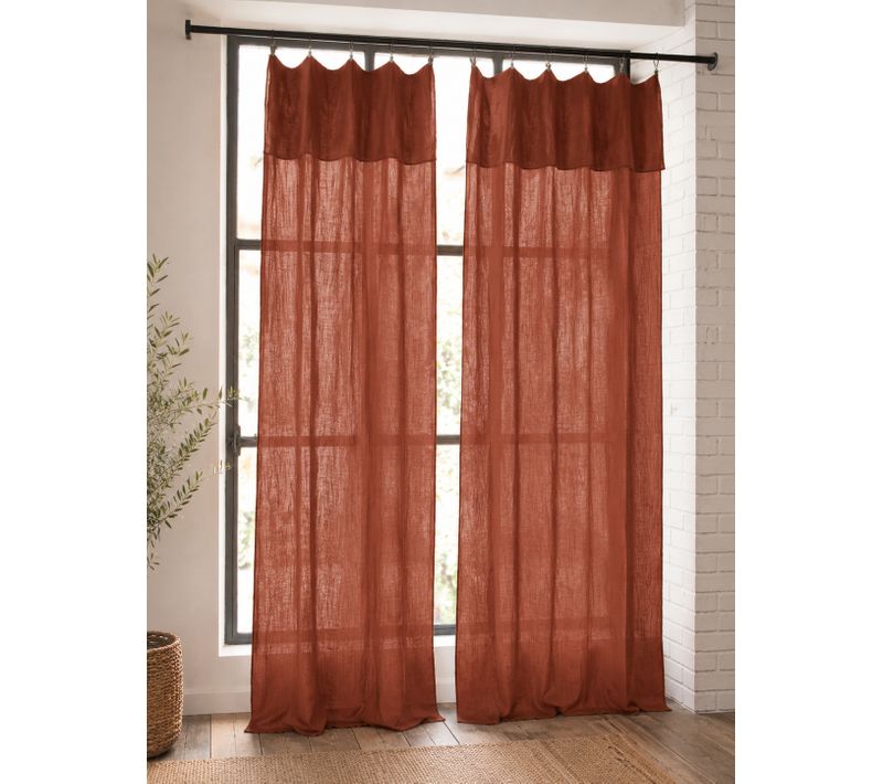 Lot De 2 Rideaux Gaze De Coton Terracotta 140x300 Cm Ajustables – 8 Anneaux Pinces Inclus – Rideaux