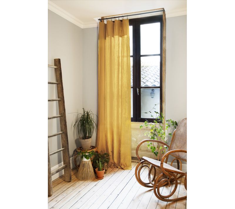 Lot De 2  Rideaux Ajustables + 8 Anneaux Pince Gaze De Coton Luxe 140 X 300 Cm Gaia Safran
