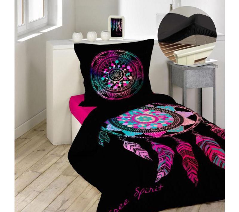 Pack Parure De Couette Enfant 140x200 Cm Porte Bonheur + Drap Housse 90x190 Noir