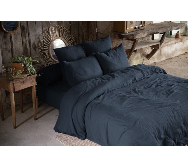 Pack Complet En Gaze De Coton 240 X 220 Cm + Drap Housse 140 X 190 Cm + 2 Taies 60 X 60 Cm Minuit