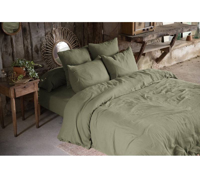 Pack Complet En Gaze De Coton 240 X 220 Cm + Drap Housse 140 X 190 Cm + 2 Taies 60 X 60 Cm Romarin