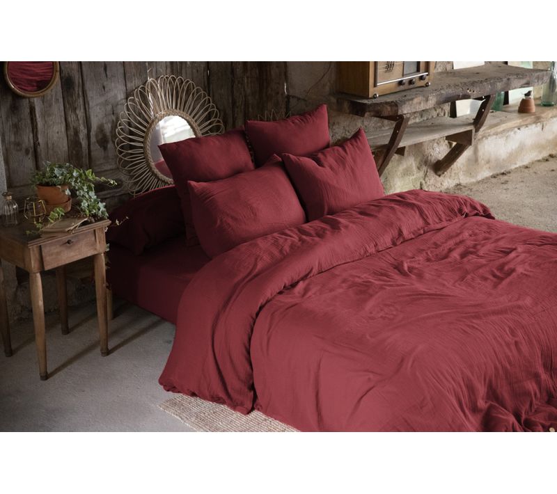 Pack Gaze De Coton — Parure De Couette 220 × 240 Cm + Drap Housse 140×190 + 2 Taies 60x60 - Bordeaux