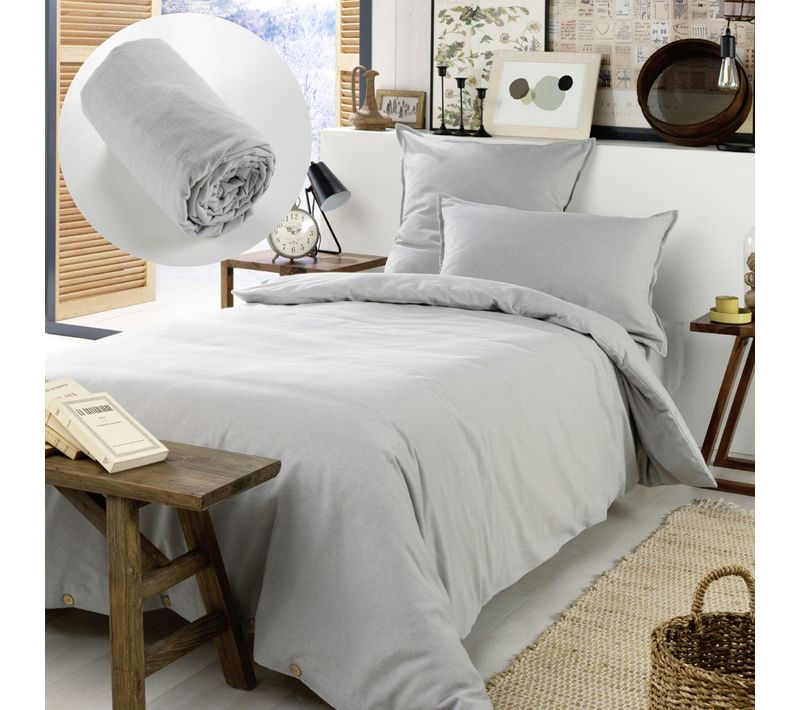 Pack Housse De Couette En Flanelle 140x200 Cm + 1 Taie 50x70 + Drap Housse 90x190 Gris