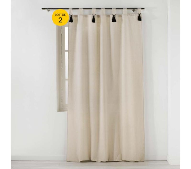 Lot De 2 Rideaux Tamisant à Passants + Pompons 140 X 240 Cm Polycoton Cyrine Beige