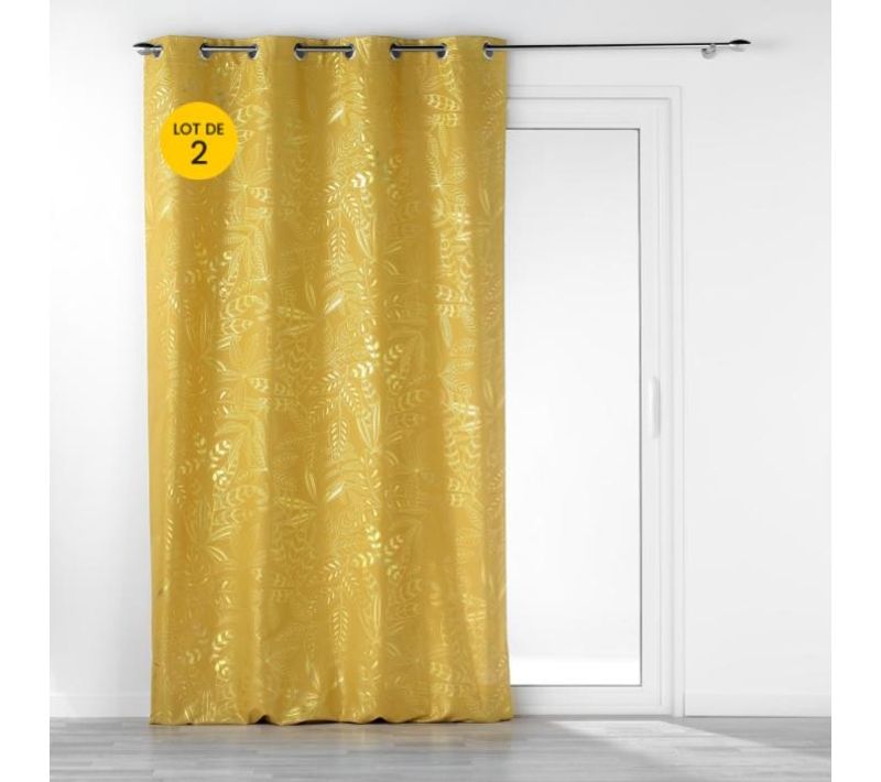 Lot De 2 Rideaux Tamisant à Oeillets 140 X 260 Cm Imprimé Métalillisé Belflor Jaune/or
