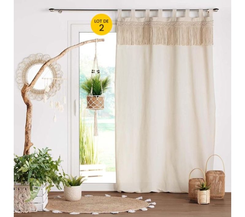 Lot De 2 Rideaux à Passants 140 X 240 Cm Polycoton Uni Et Top Macrame, Samaya