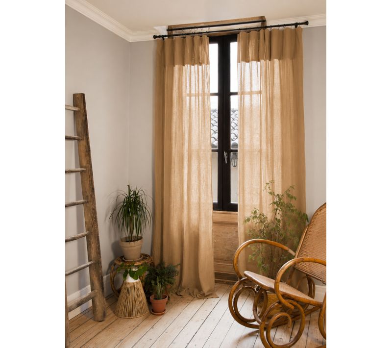 Lot De 2 Rideaux Gaze De Coton Camel 140x300 Cm Ajustables – 8 Anneaux Pinces Inclus – Rideaux