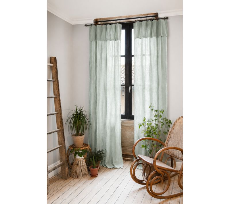 Lot De 2 Rideaux Gaze De Coton Vert D'eau 140x300 Cm Ajustables – 8 Anneaux Pinces Inclus – Rideaux