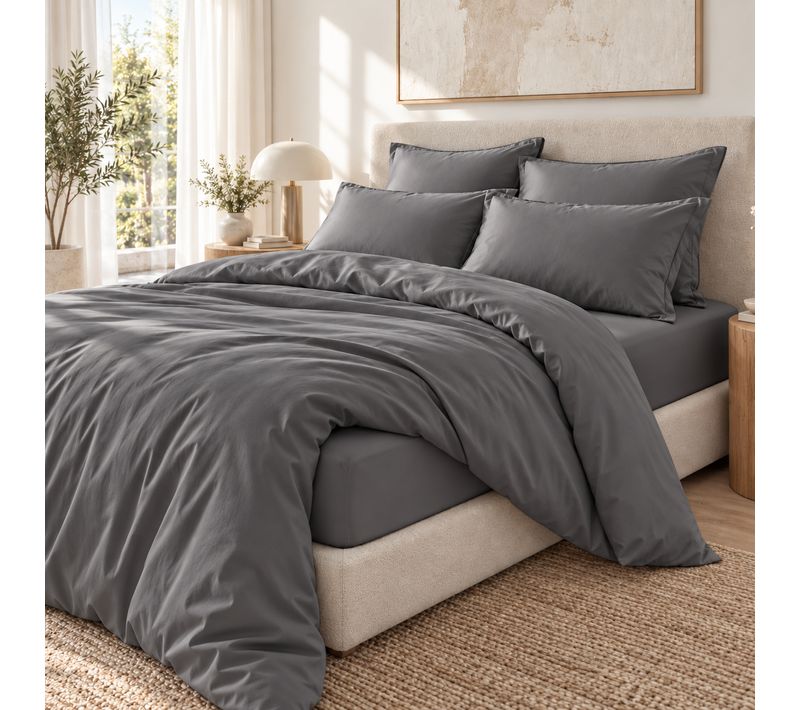 Parure De Lit 240 X 220 Cm 100% Viscose De Bambou 120 Fils Salomé Granit + Drap-housse 140 X 190 Cm