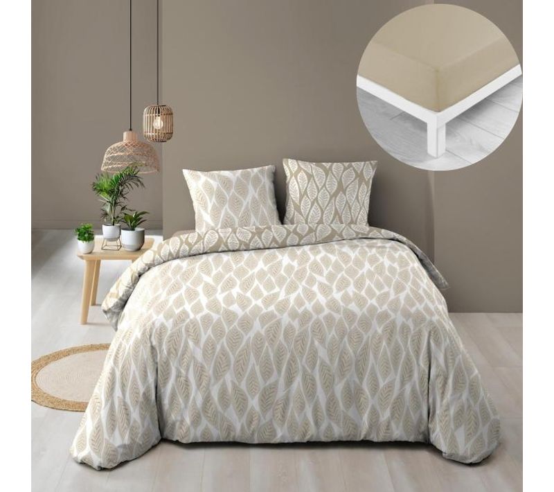 Pack Housse De Couette 220 X 240 Cm Mareva + Drap Housse 140 X 190 Beige