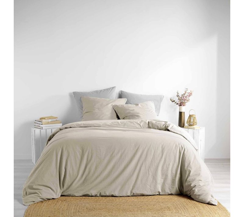 Parure De Lit 240 X 220 Cm Linette En Coton Lavé 57 Fils Beige