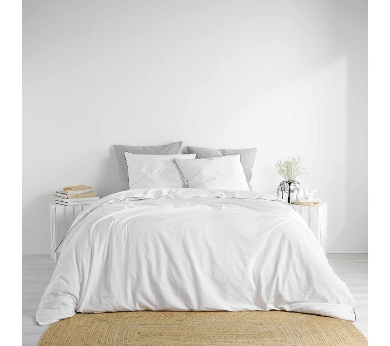 Parure De Lit 240 X 220 Cm Linette En Coton Lavé 57 Fils Blanc
