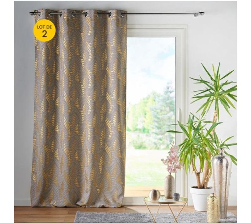 Lot De 2 Rideaux à Occultant 140 X 260 Cm à Oeillets Imprimé Métallisé Lyra Taupe