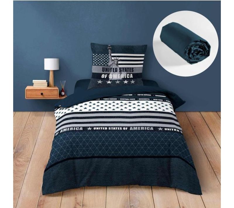 Ensemble De Lit States : Housse De Couette 140x200 Cm Avec Drap-housse Bleu 90x190 Cm - Esprit Usa
