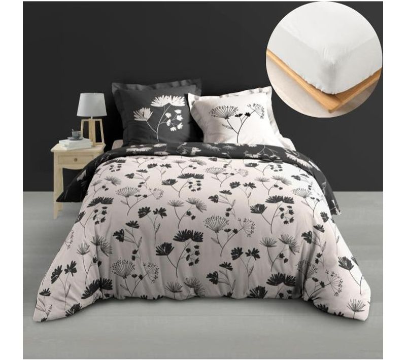 Ensemble Housse De Couette Iris 240 X 220 Cm + 2 Taies En Percale 78 Fils + Drap-housse Blanc 140 X