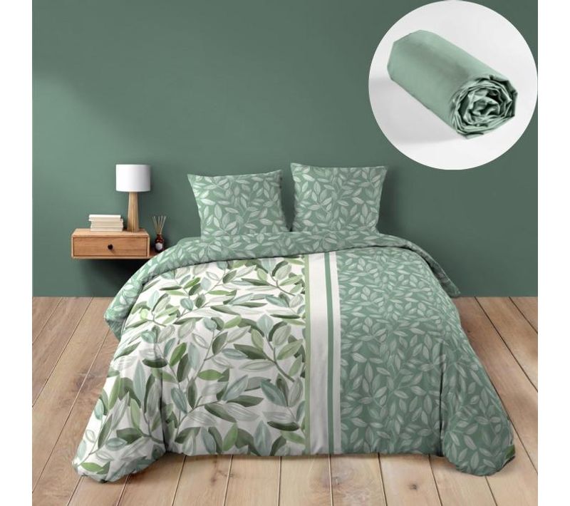 Parure De Lit Eleonore - Housse De Couette 240 X 220 Cm + Drap-housse Sauge 140x190 Cm