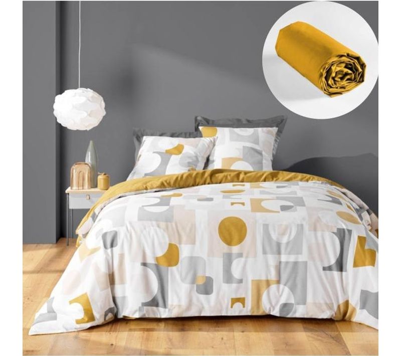 Parure De Lit Geomelo 240 X 220 Cm + Drap-housse 140x190 Cm Jaune