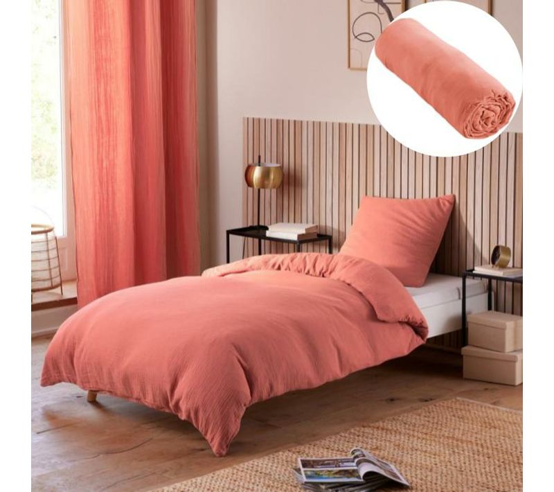 Pack Housse De Couette 140 X 200 Cm Gaze De Coton + Drap Housse 90x190 Rose