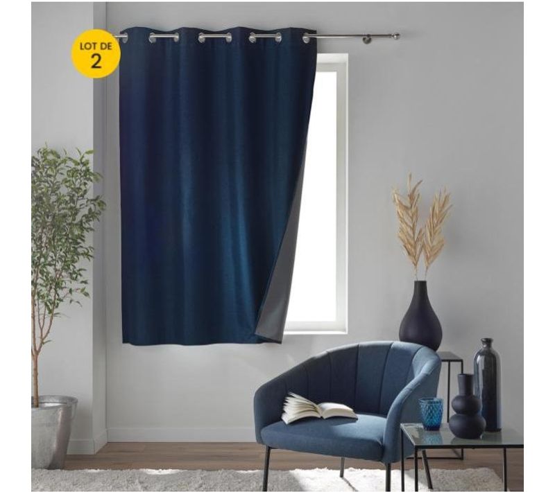 Lot De 2 Rideaux à Oeillets 140 X 180 Cm 100% Occultant Thermique - Modèle Crépuscule Bleu