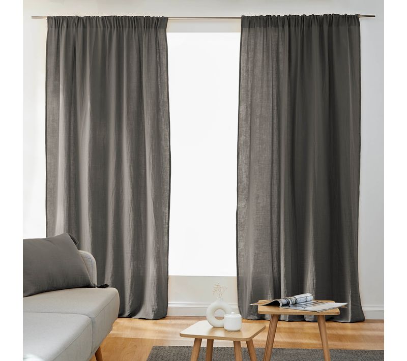Lot De 2 Rideaux Galon Fronceur Double Gaze De Coton – Granit – 140 X 240 Cm