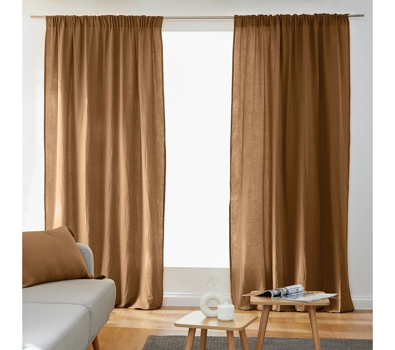 Lot De 2 Rideaux Galon Fronceur Double Gaze De Coton – Camel – 140 X 240 Cm