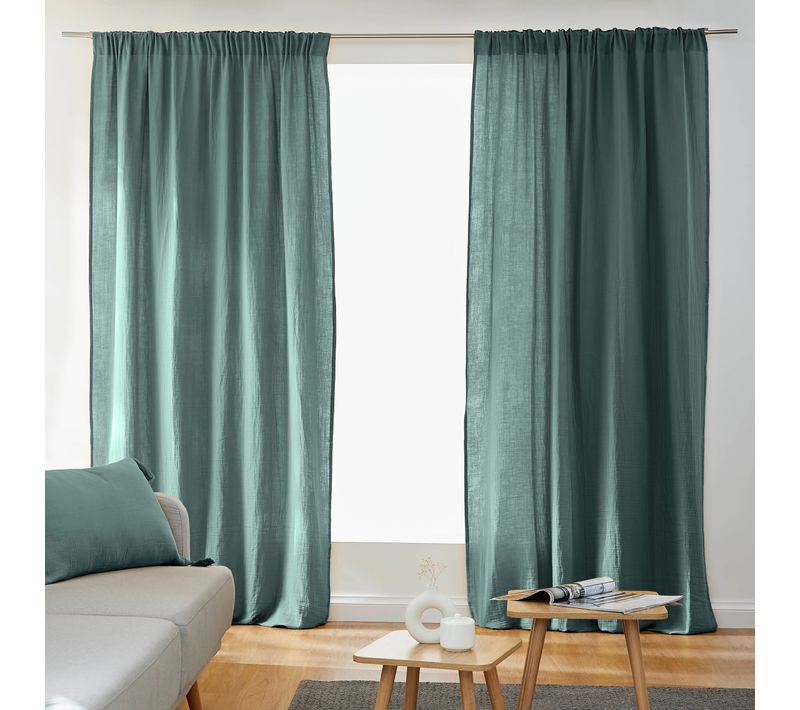Lot De 2 Rideaux Galon Fronceur Double Gaze De Coton – Bleu Canard – 140 X 240 Cm