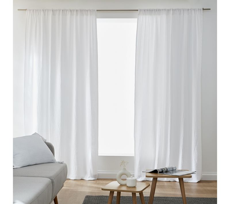 Lot De 2 Rideaux Galon Fronceur Double Gaze De Coton – Blanc – 140 X 240 Cm