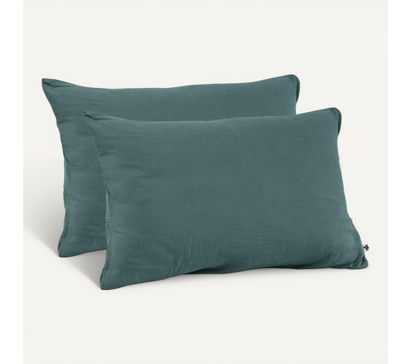 Lot De 2 Taies D’oreiller En Double Gaze De Coton – 50 X 70 Cm – Bleu Canard