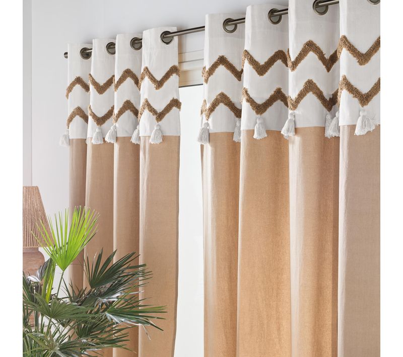 Lot De 2 Rideaux à Oeillets 140 X 240 Cm – Coton Avec Bandeau Tufté Et Pompons Azari