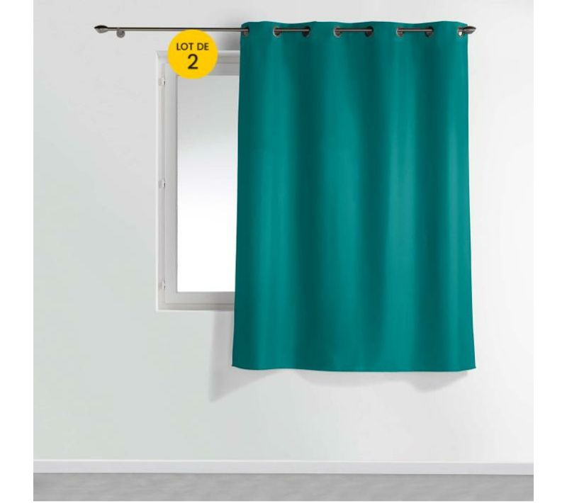 Lot De 2 Rideaux 140 X 180 Cm – Petite Hauteur – Uni Polyester – Essentiel Bleu Paon