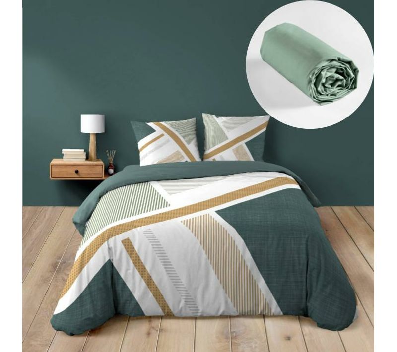Parure De Lit 240 X 220  Zéphyr + Drap-housse Sauge 140x190 – 100% Coton