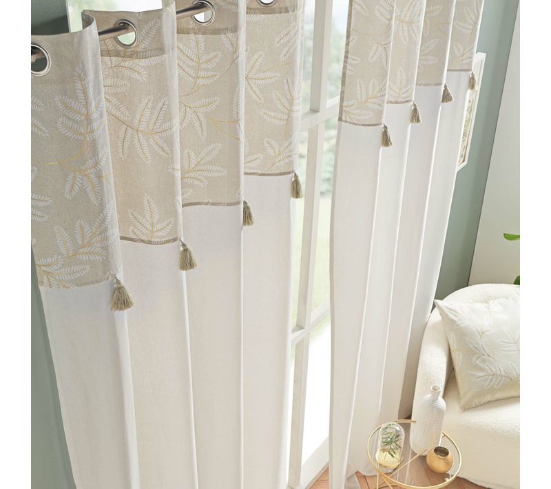 Lot De 2 Rideaux à Oeillets 140 X 240 Cm – Top Imprimé Métallisé Avec Pompons – Modèle Altea