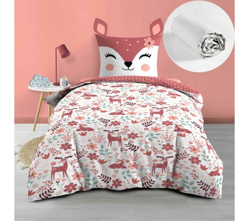 Housse De Couette Enfant Réversible Bichette – 140 X 200 Cm + Drap Housse 90 X 190 Cm