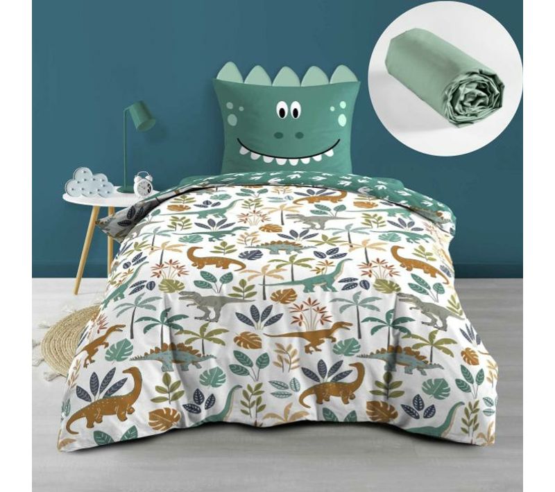 Pack Housse De Couette Réversible Dina 140 X 200 Cm + Drap Housse 90x190 Cm Sauge