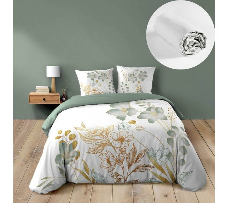 Pack Parure De Lit 240 X 220 Cm – Coton 42 Fils – Lolita + Drap Housse 140x190 Cm Blanc